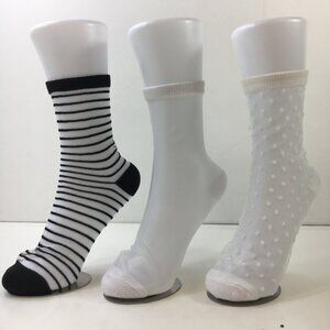 Womens Crew Socks Set 3 Striped Polka Dots Sheer Nylon Black White